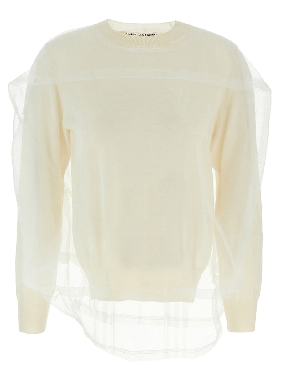 Comme Des Garcons Tulle-Layered Wool Sweater — cream