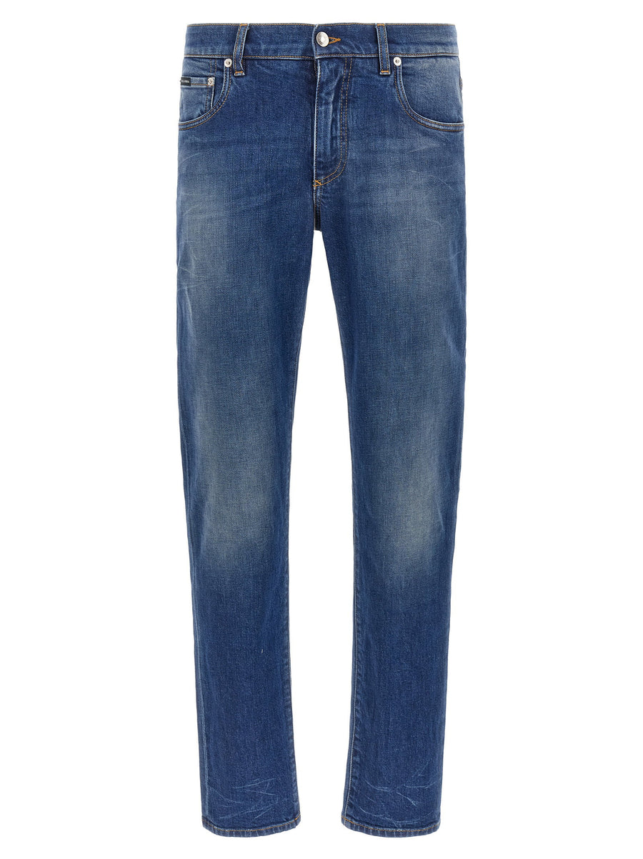 Dolce & Gabbana Logo-Embroidered Cotton Denim Jeans — Blue