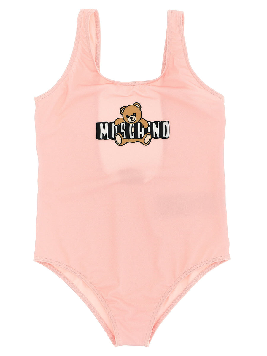 Moschino Kid Teen Teddy Bear Logo Print One-Piece Swimsuit — Pink