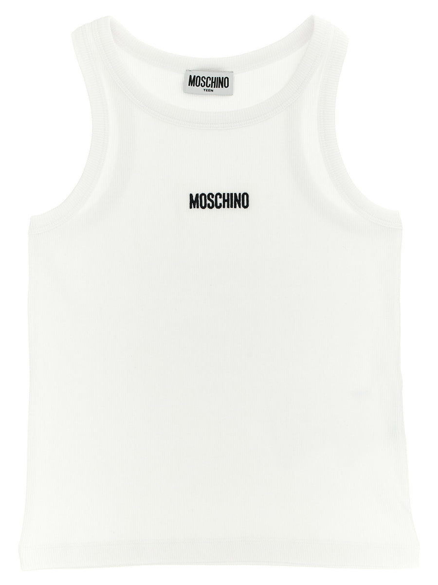 Moschino Kid Teen Logo-Embroidered Ribbed Cotton Tank Top — White