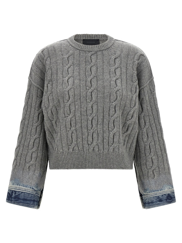 Haikure Cable-Knit Cotton with Denim Cuffs Sweater — Gray