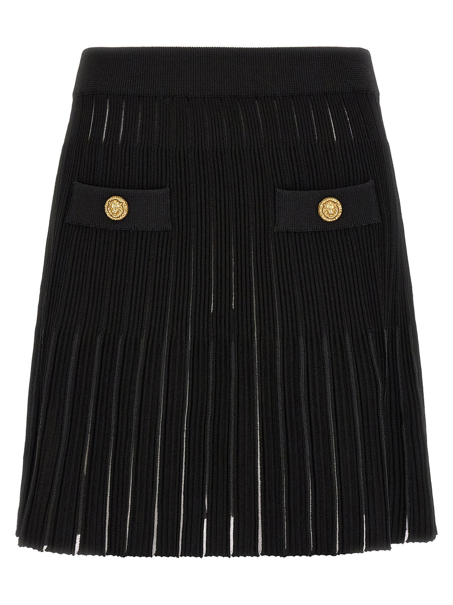 Balmain Pleated Flared Knit Skirt — Black