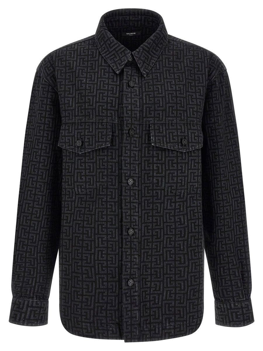 Balmain Monogram-Pattern Denim Overshirt — Black