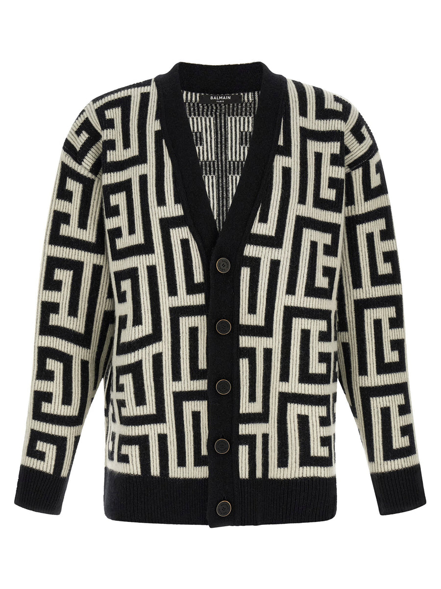 Balmain Monogram Macro Labyrinth-Print Cardigan — Black