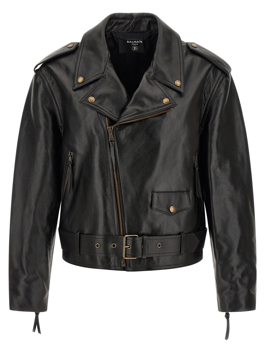 Balmain Textured Leather Biker Jacket — Black