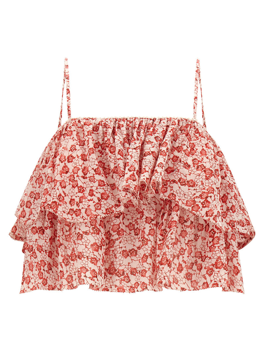 Marant Etoile Flower-Print Ruffle Tank Top — Red