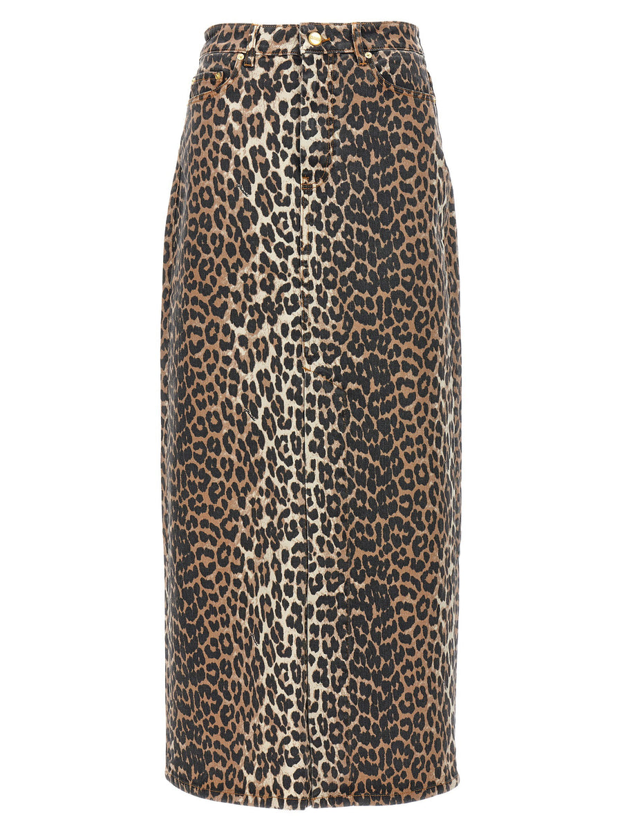 Ganni Leopard-Print Denim Skirt — Brown