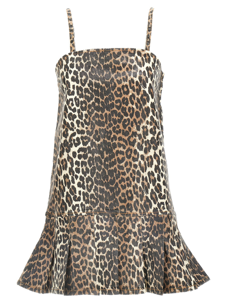 Ganni Leopard Print Organic Denim Dress — Multi
