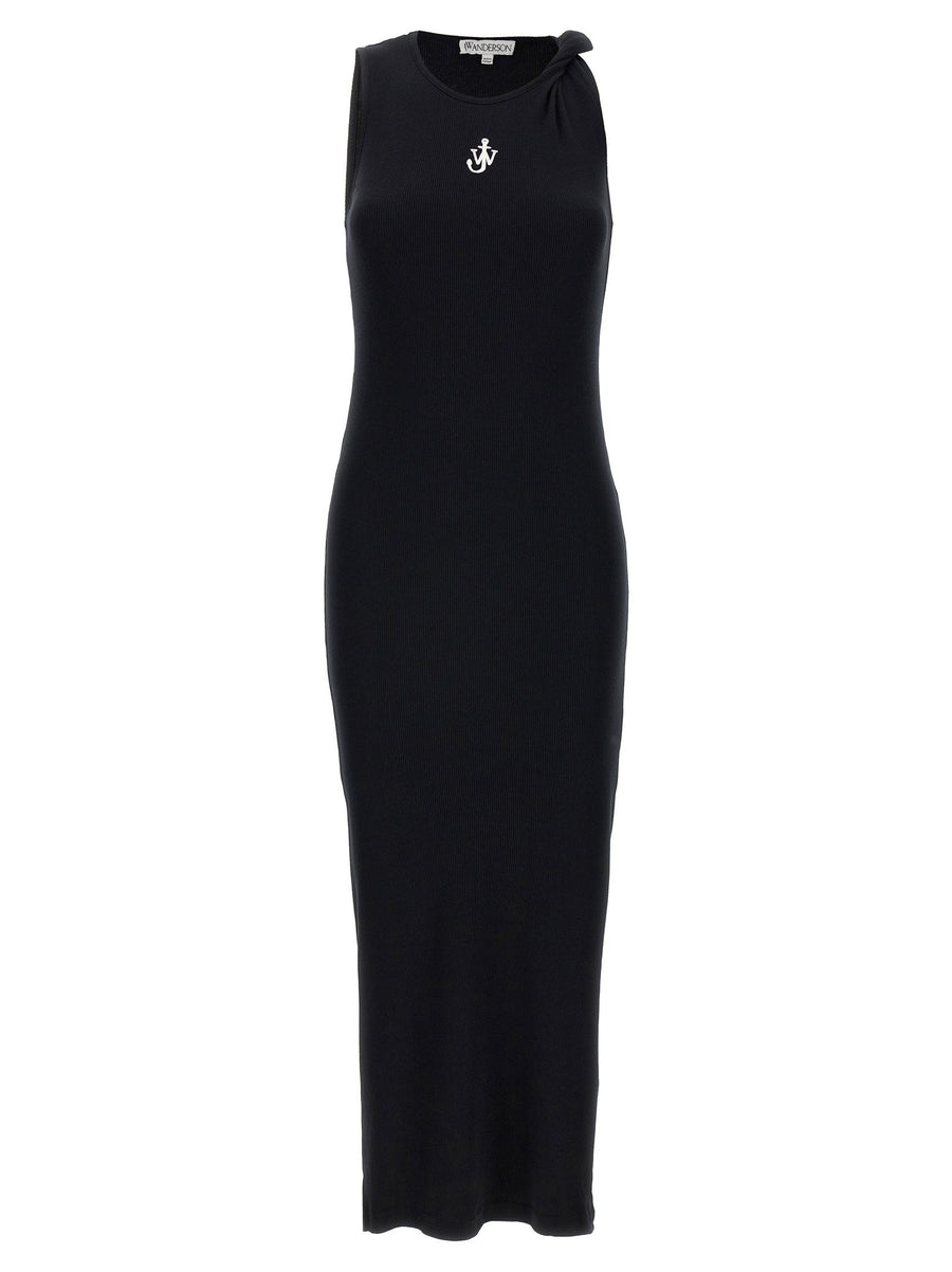 J.w.anderson Logo-Embroidered Ribbed Cotton Dress — Black
