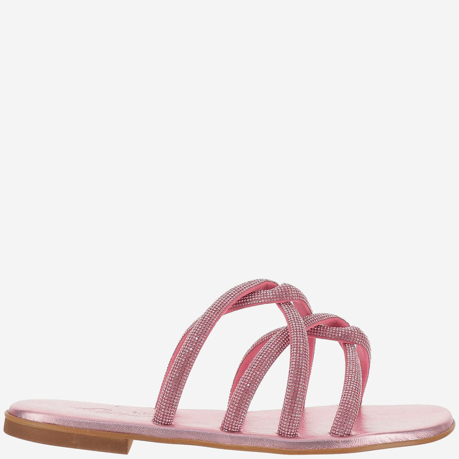 Leather Sandals With Rhinestones Pink