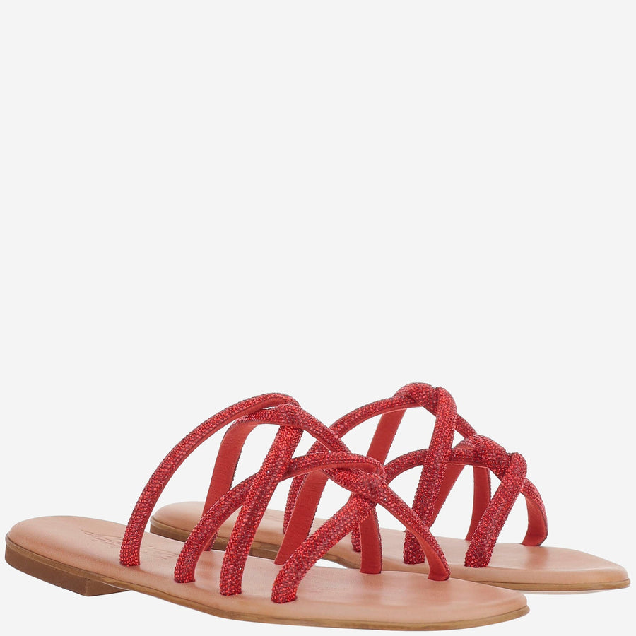 Leather Sandals With Rhinestones Red