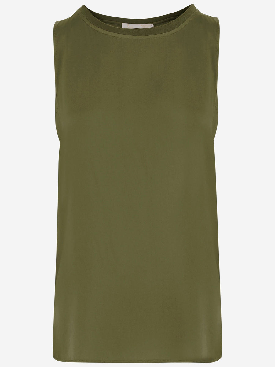 Sleeveless Top Stretch Cotton Green Tops