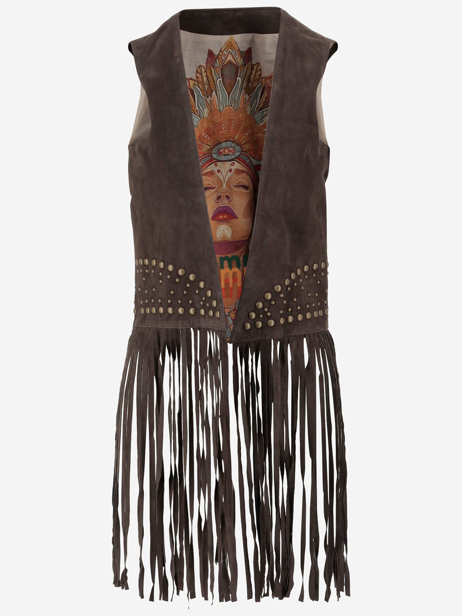 Vest Suede With Fringed Hem Dark Brown Leather Waistcoats & Gilets