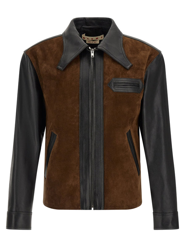 Marni Suede and Calfskin Color-Block Jacket — Brown
