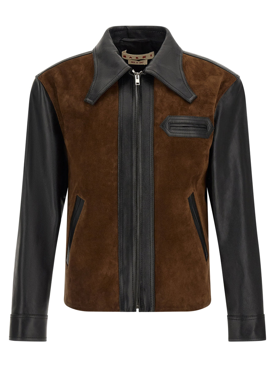 Marni Suede and Calfskin Color-Block Jacket — Brown