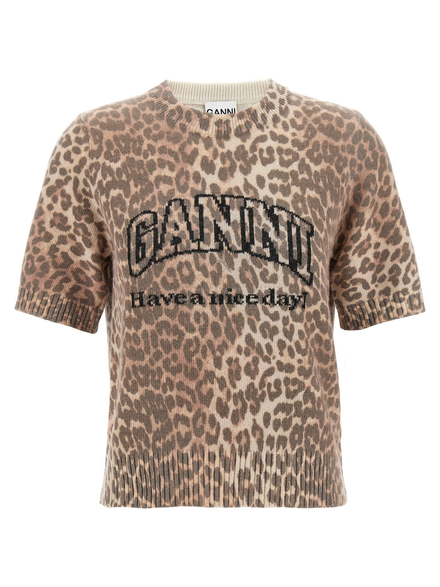 Ganni Leopard-Patterned Wool Mix T-shirt — Beige