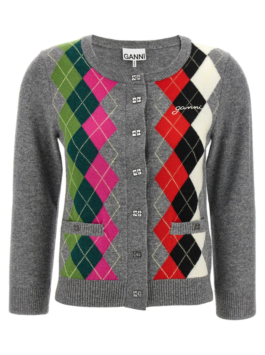 Ganni Argyle-Patterned Cardigan — Grey