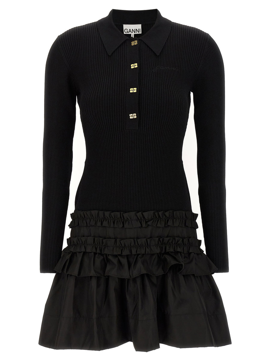 Ganni Ribbed Knit Flounced Dress — Black
