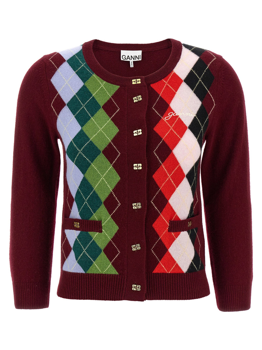 Ganni Argyle-Patterned Merino Wool & Cashmere Cardigan — Burgundy