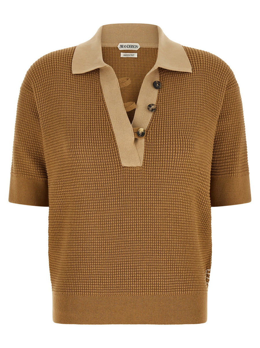 J.w.anderson Waffle Stitch Cotton-Cashmere Polo Shirt — Caramel