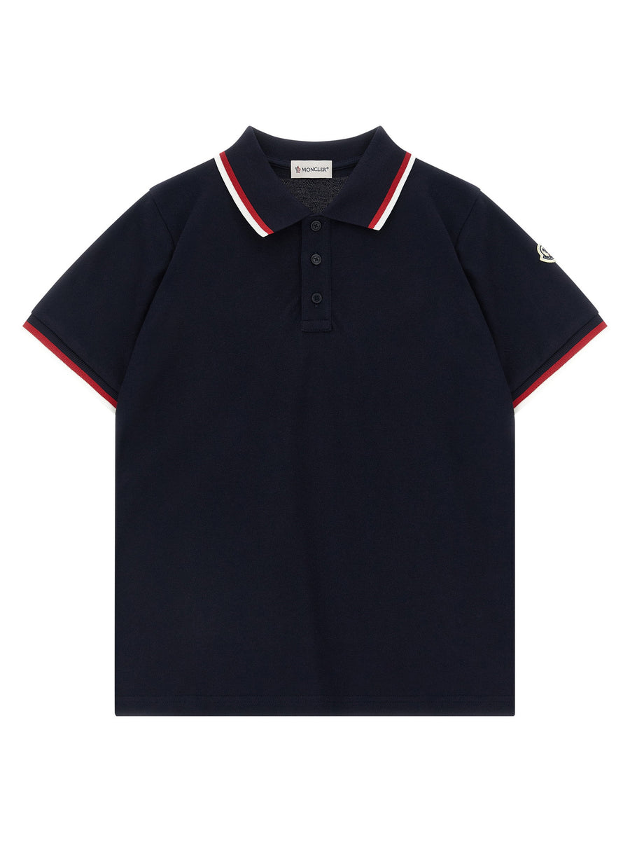 Moncler Enfant Tricolor Piqué Cotton Polo Shirt — Navy
