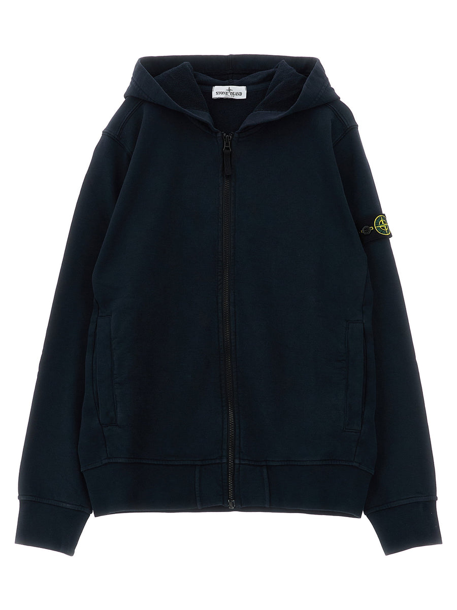 قميص Stone Island Junior شعار مطرز من القطن العضوي قطن هودي — أسود