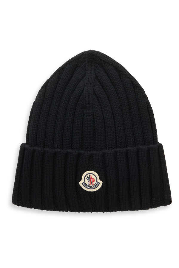 Knitted Beanie With Turn-Up Black Wool Virgin Hat