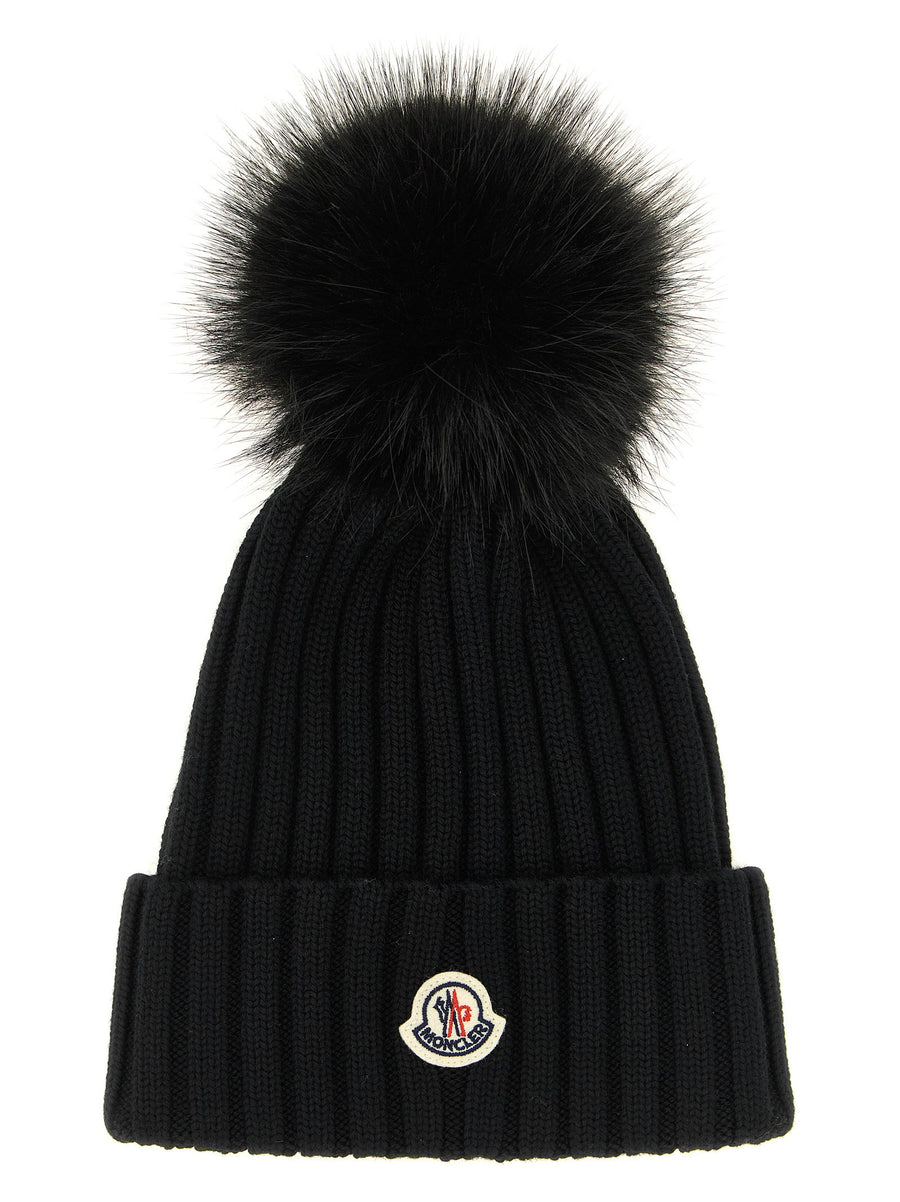 Moncler Ribbed Wool with Fur Pompom Beanie — Black