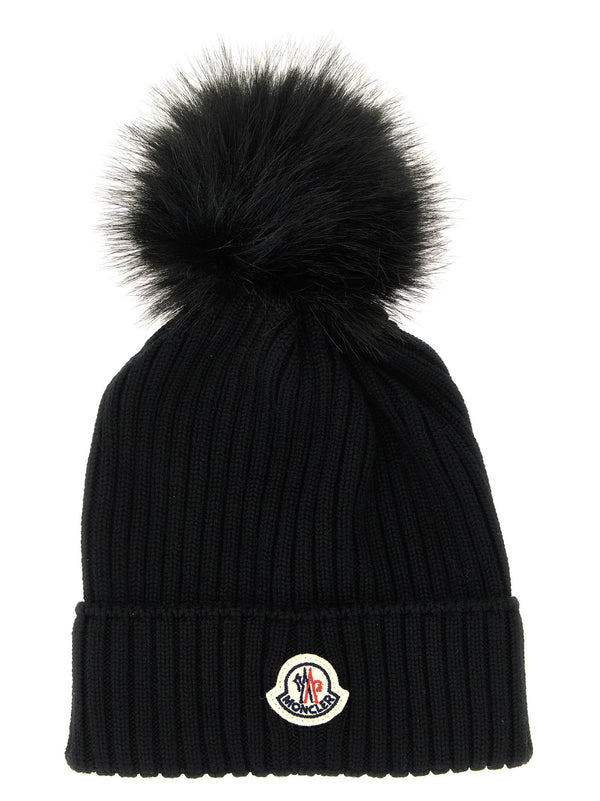 قبعة شتوية مضلعة من الصوف ميرينو Moncler Enfant صوف مع بوم — أسود