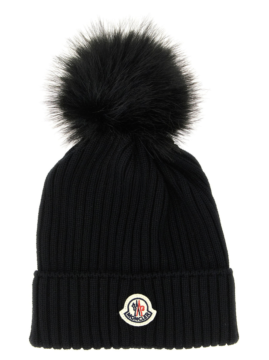 قبعة شتوية مضلعة من الصوف ميرينو Moncler Enfant صوف مع بوم — أسود