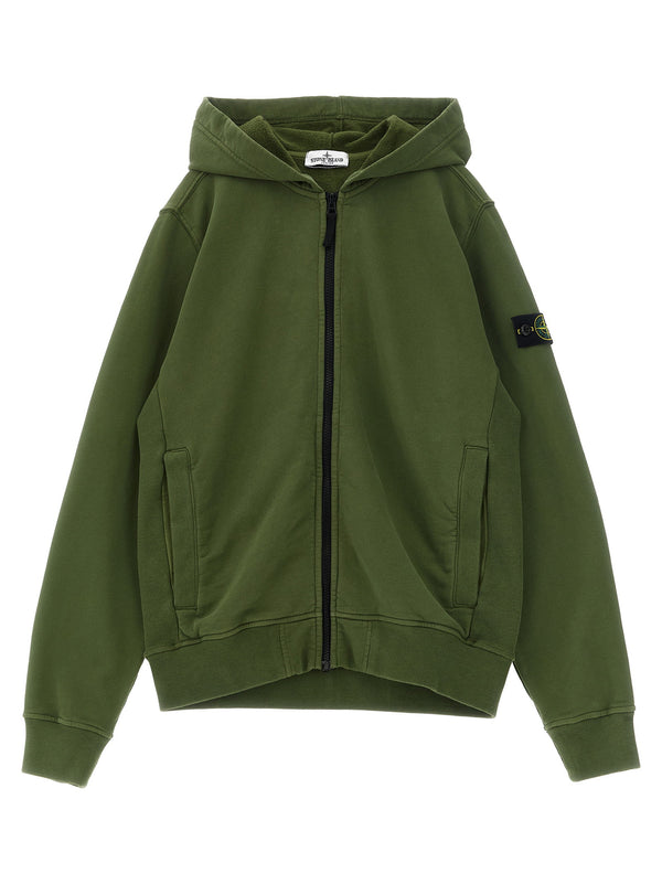 Stone Island Junior شعار شارة نقية قطن هودي - أخضر زيتوني