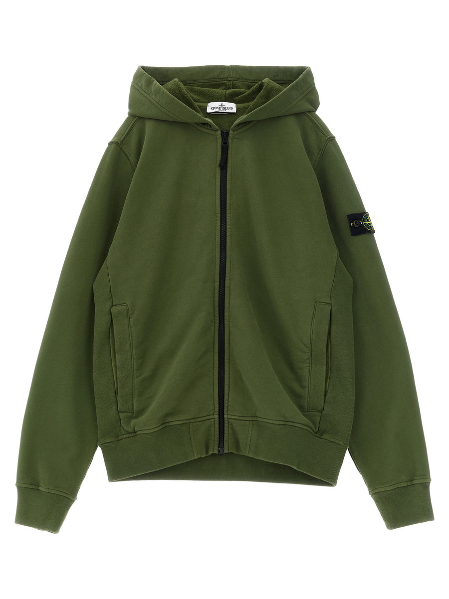 Stone Island Junior شعار شارة نقية قطن هودي - أخضر زيتوني