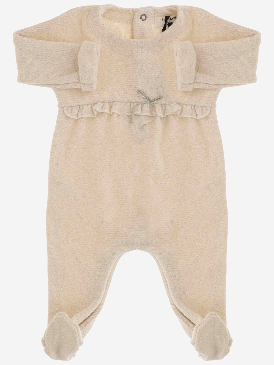 Cotton-Blend Onesie With Ruffles And Bow Ecru Jumpsuits