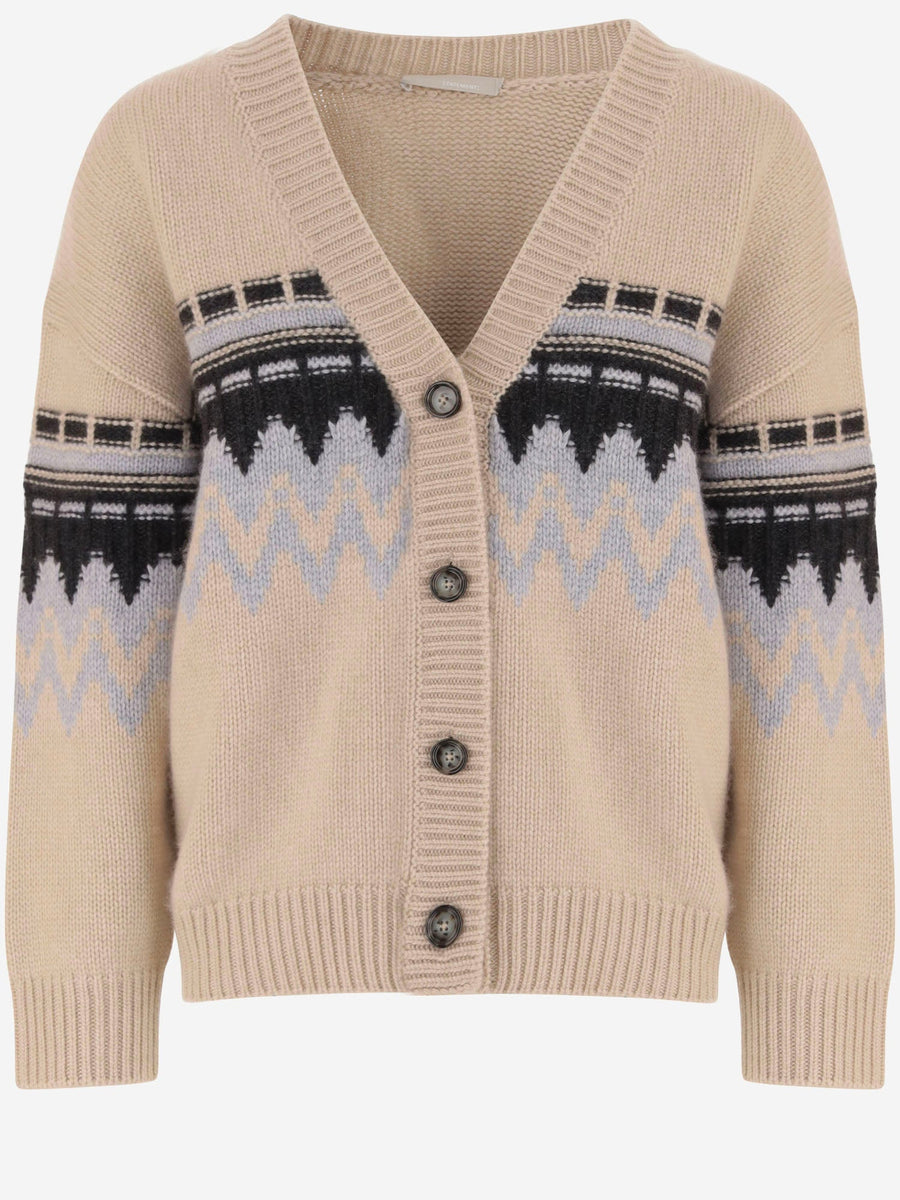 Cashmere Cardigan With Geometric Pattern Beige