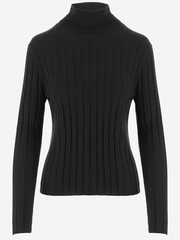 Wool High Neck Ribbed Sweater Black