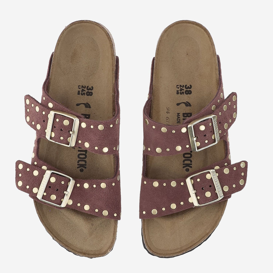 Sandals Arizona Rivet Suede Wine Leather And Cork
