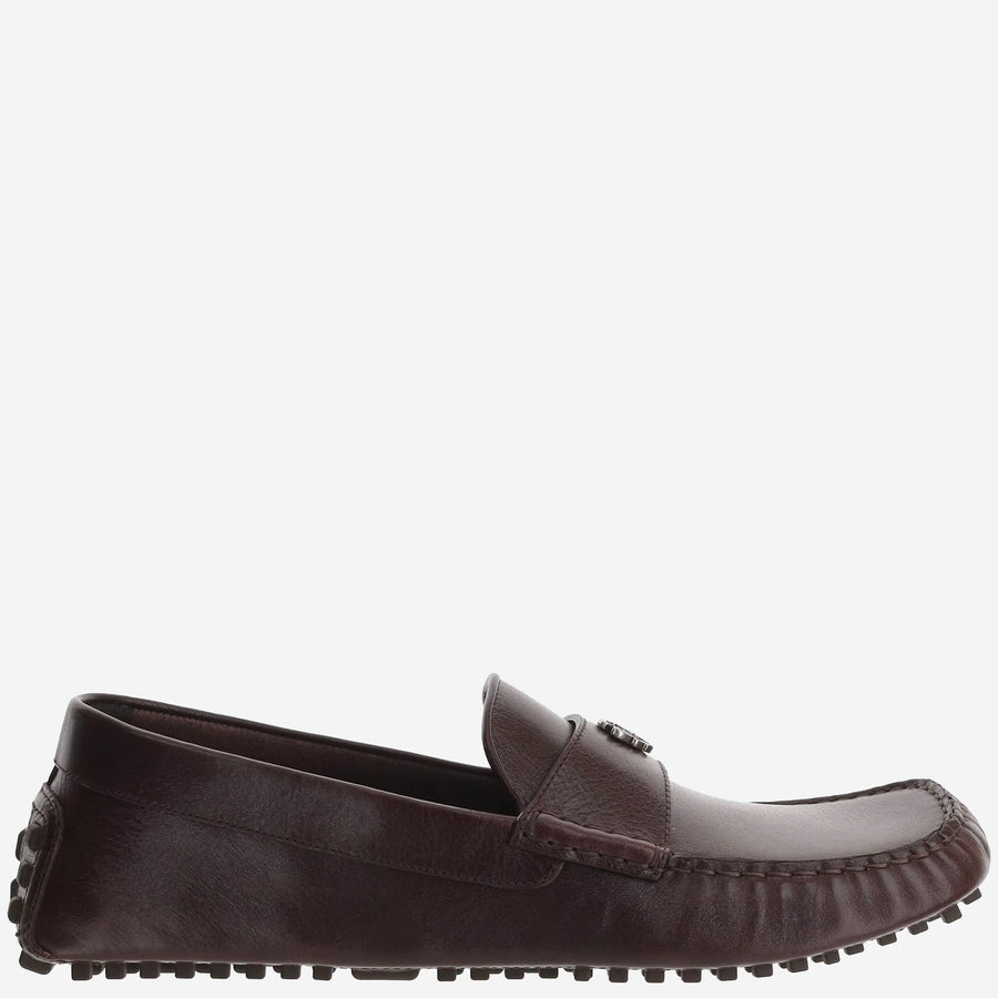 Leather Loafers With Logo Emblem Brown Calfskin