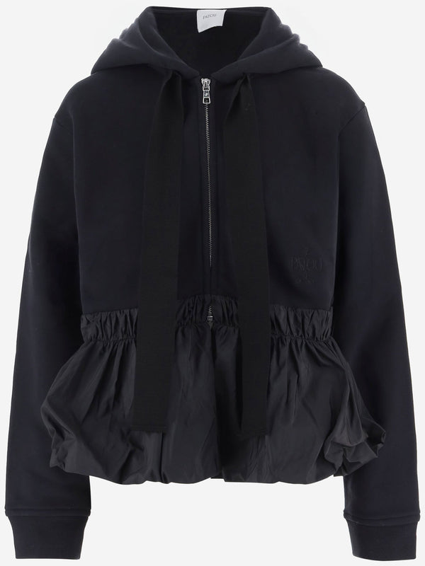 Cotton Hoodie With Ruffles And Zipper Black