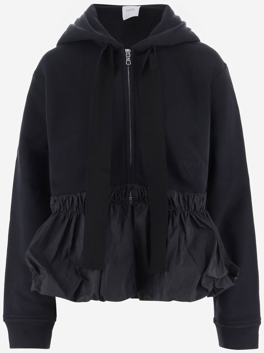 Cotton Hoodie With Ruffles And Zipper Black