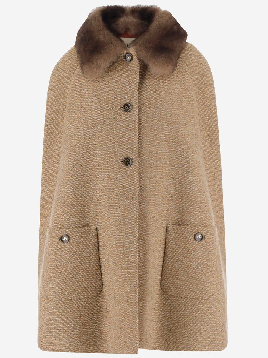 Sleeveless Wool-Blend Coat With Fur Collar Beige Virgin Wool