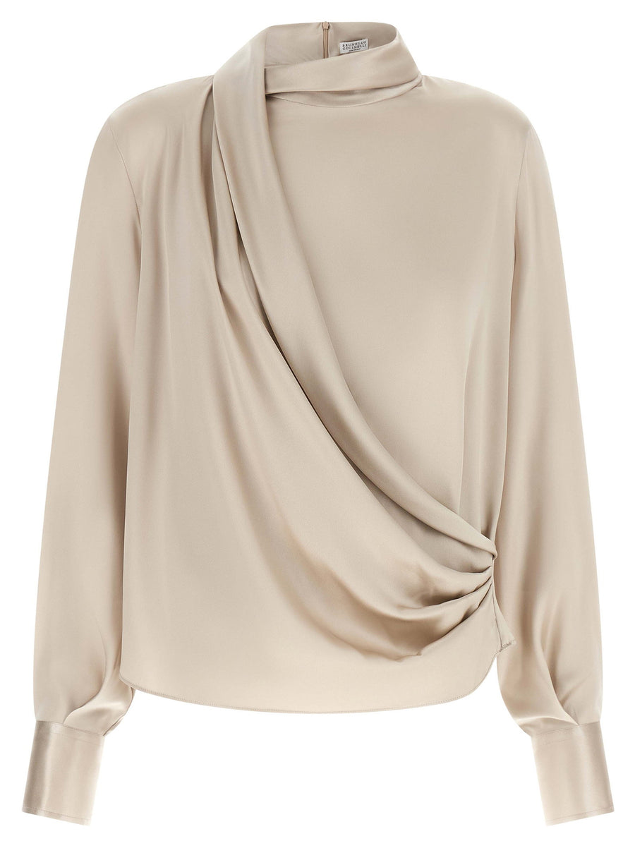 Brunello Cucinelli Asymmetric Draped Blouse — Beige
