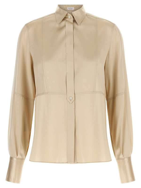 Brunello Cucinelli مطاطي حرير ساتان قميص — بيج