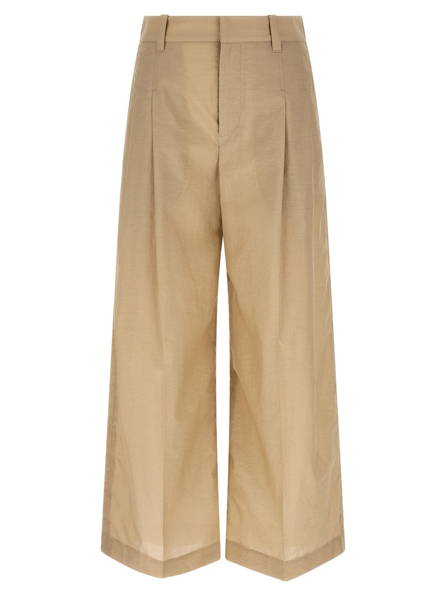 Brunello Cucinelli Techno Cotton Poplin A-Line Trousers — Beige