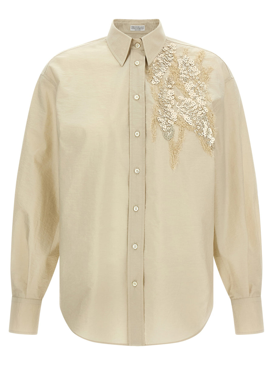 Brunello Cucinelli Sequin-Embroidered Cotton Blend Shirt — Cream