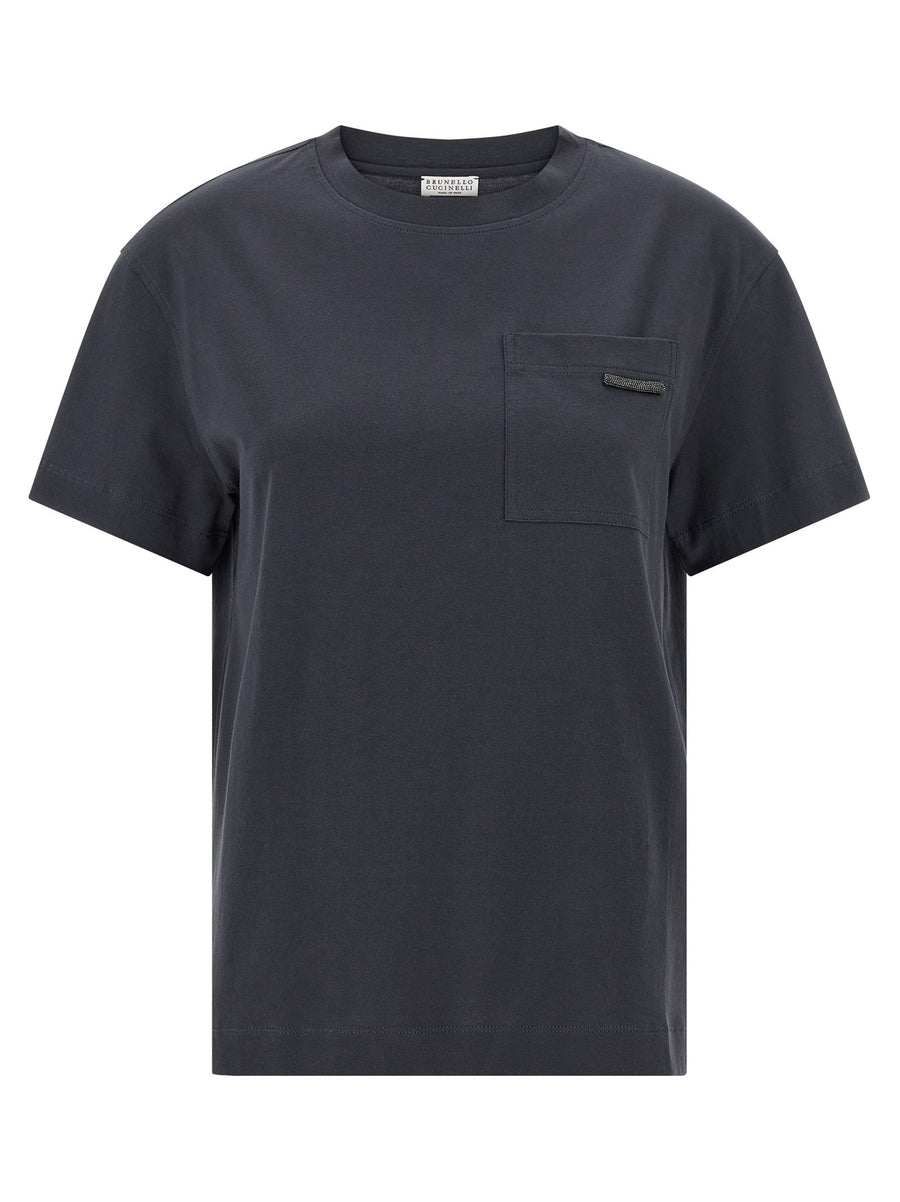Brunello Cucinelli Cotton Jersey with Shiny Tab Detail T-shirt — Navy