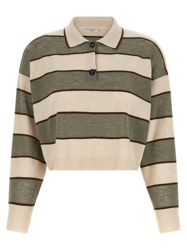 Brunello Cucinelli Sparkling Stripes Polo Shirt — Olive Green
