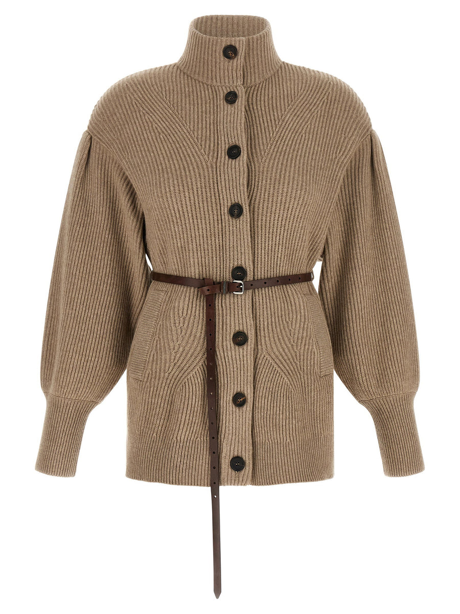 Brunello Cucinelli English Half-Ribbed Virgin Wool Cardigan — Beige