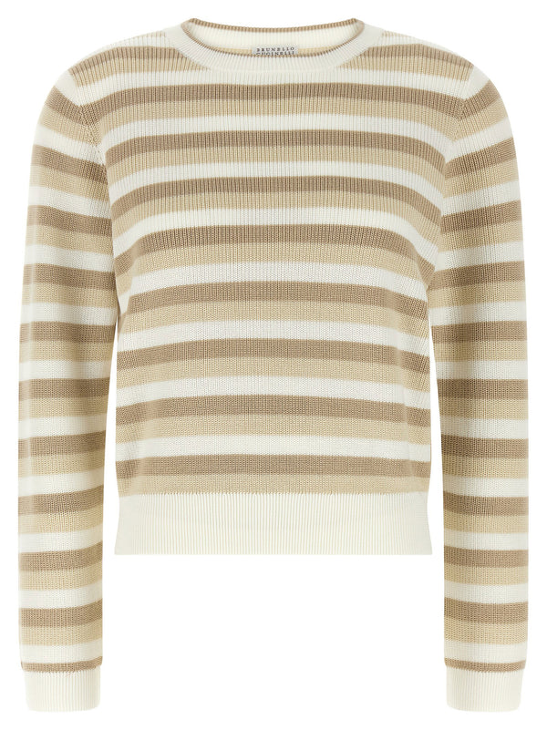 Brunello Cucinelli مخططة قطن كنزة — تان