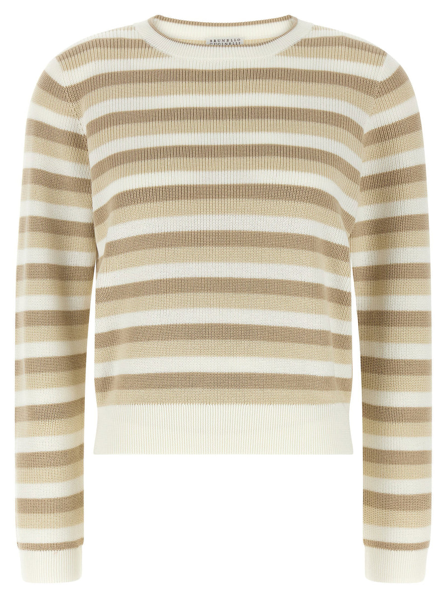 Brunello Cucinelli Striped Cotton Knit Sweater — Beige