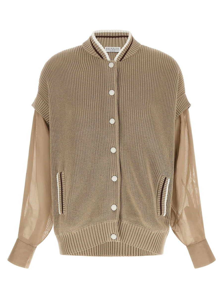 Brunello Cucinelli Organza Sleeve Cardigan — Beige